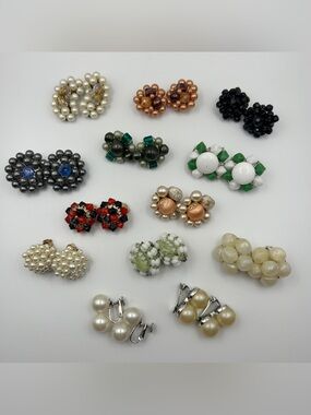 Vintage Bead Beaded Cluster Clip On Earrings Lot of 13 Pairs